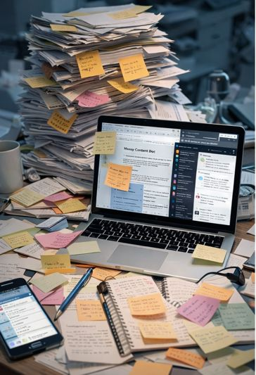 Messy desk, chaos, scattered notes, overload