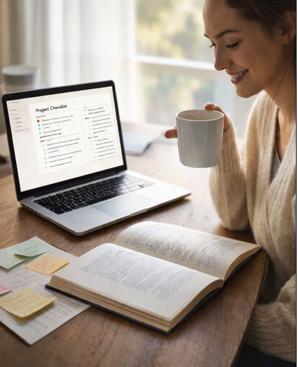 Organized laptop, clear notes, calm focus